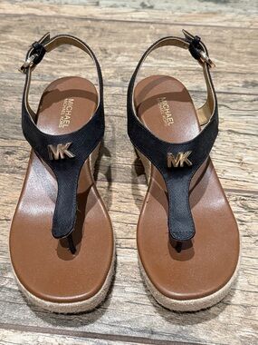 Michael Kors Black and Brown MK Logo T-Strap Sandals
